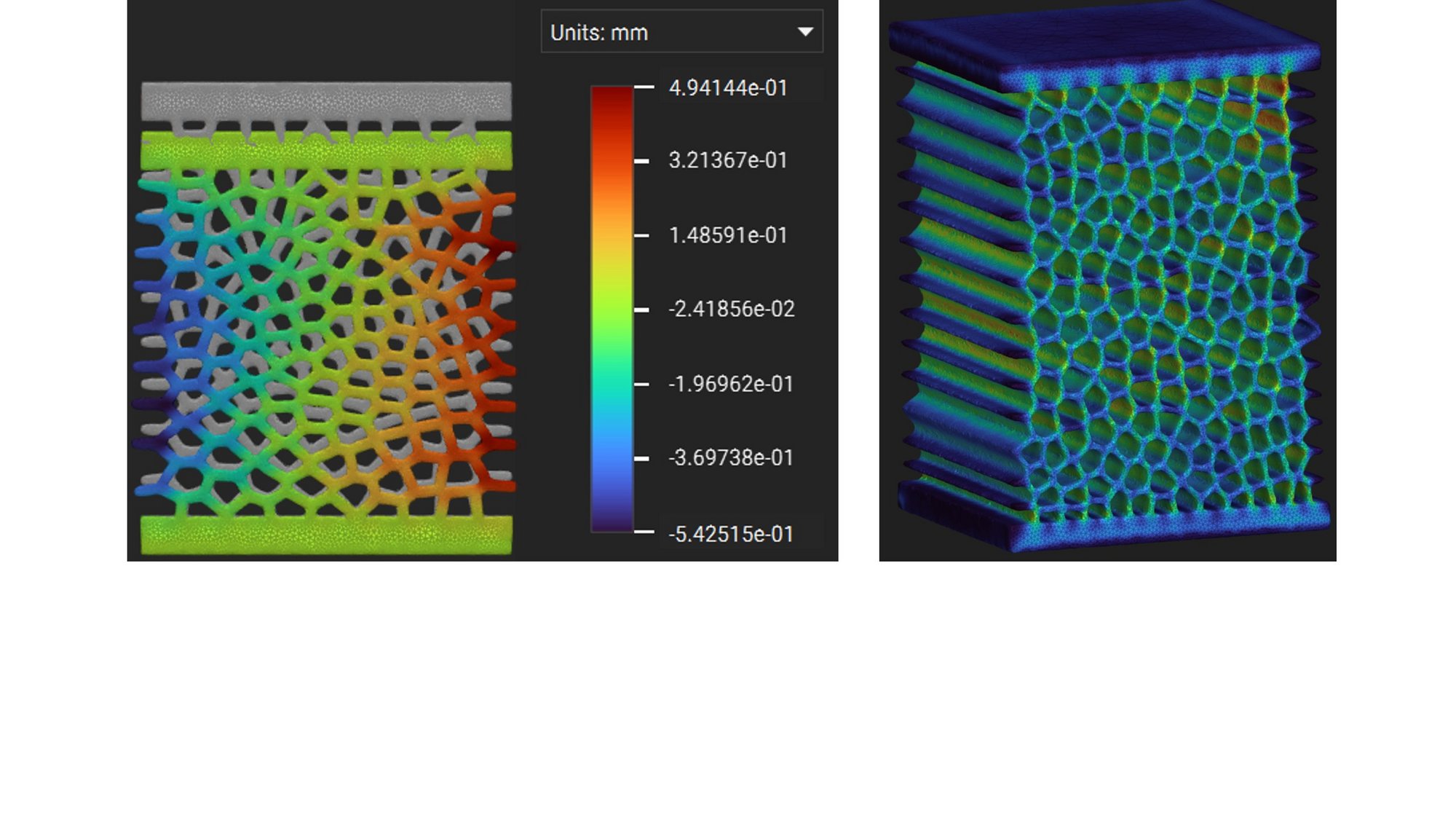 Finite element simulation of heterogeneous lattice structures for additive manufacturing, visualizing stress distribution and geometry optimization