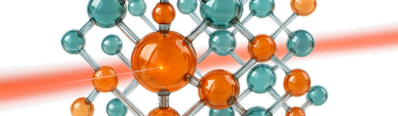 Graphic of a germanium-tin (GeSn) semiconductor crystal structure with a laser beam passing through, representing optical excitation used to study carrier dynamics in Martin Aagaard’s PhD research.